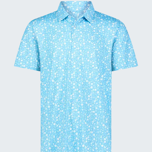 Light blue polo shirt with white floral pattern on a white background