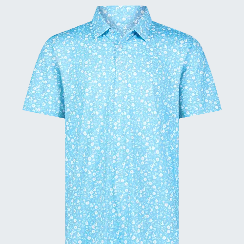 Light blue polo shirt with white floral pattern on a white background