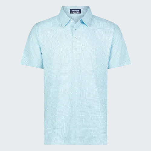 Light blue polo shirt with a brand label on a white background