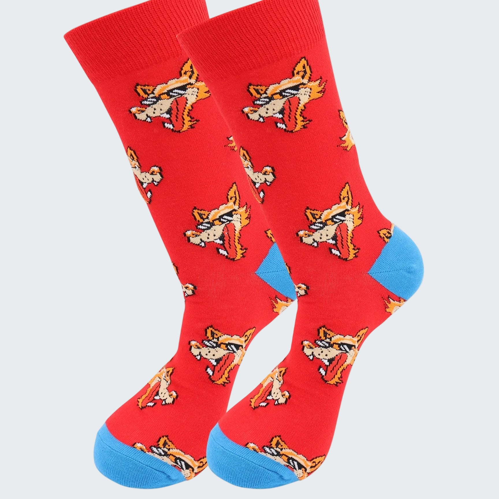 Red socks with cartoon fox design on a white background