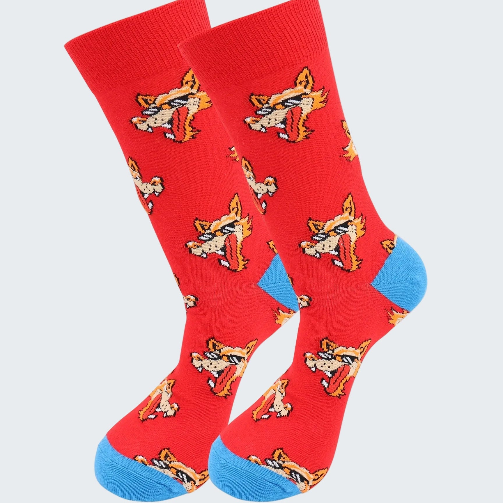 Red socks with cartoon fox design on a white background