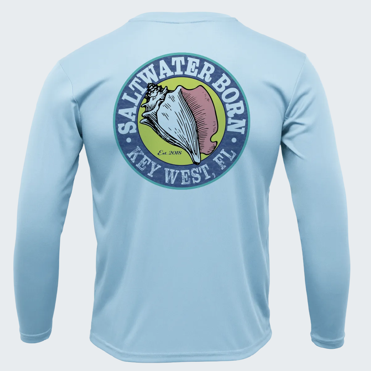 Light blue long-sleeve shirt with a shell graphic and text on the back, on a white background.