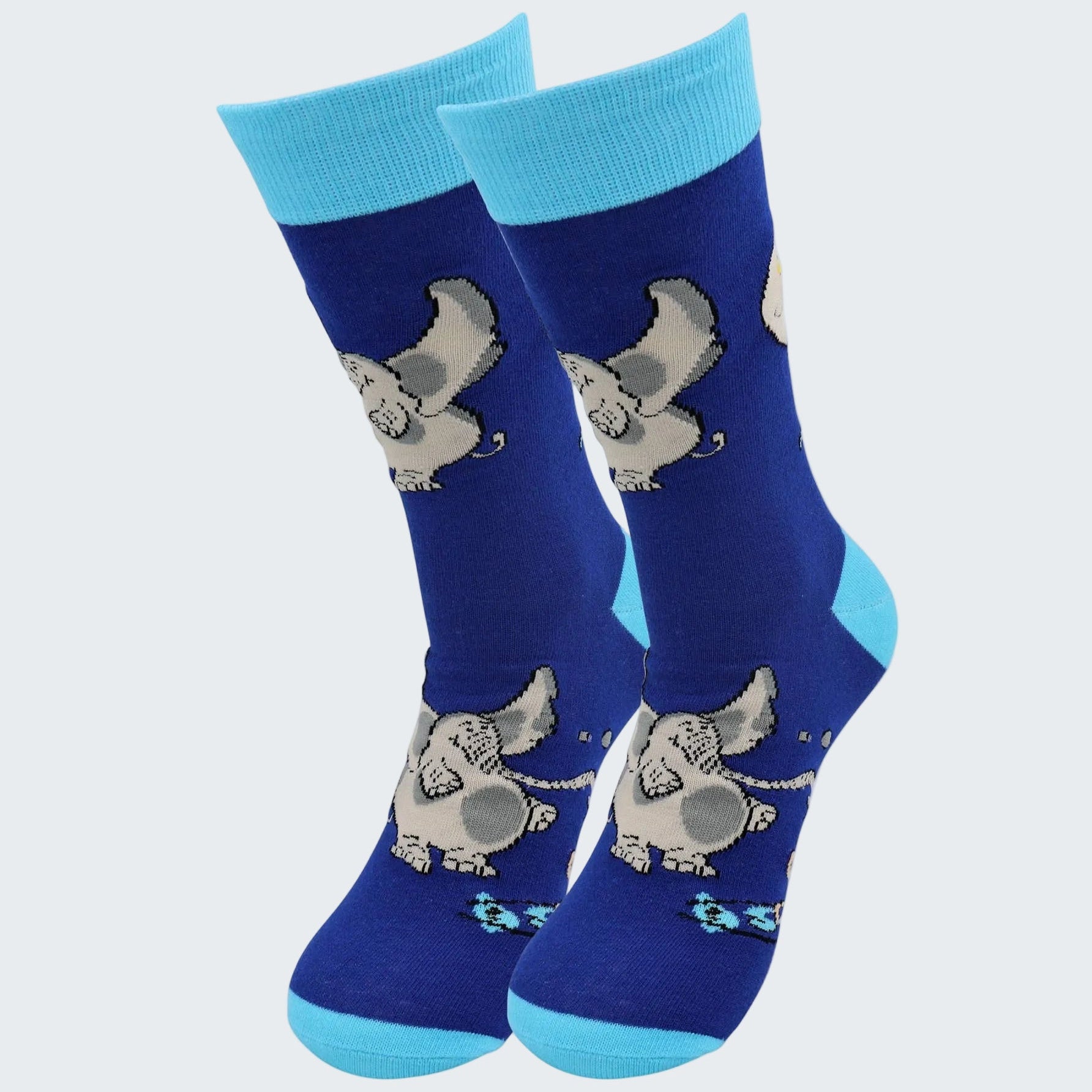 Pair of blue socks with elephant design on a white background