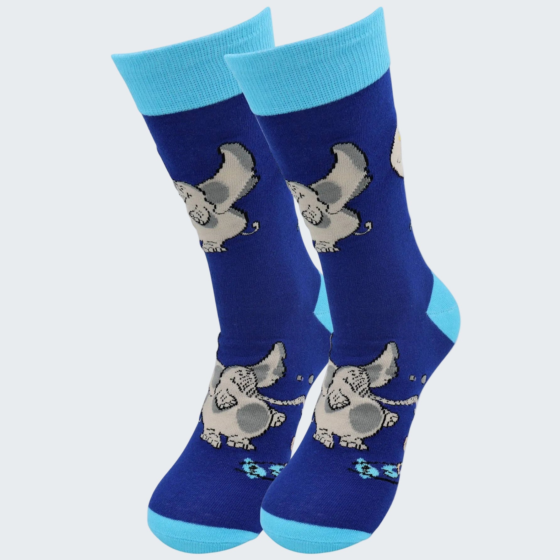 Pair of blue socks with elephant design on a white background