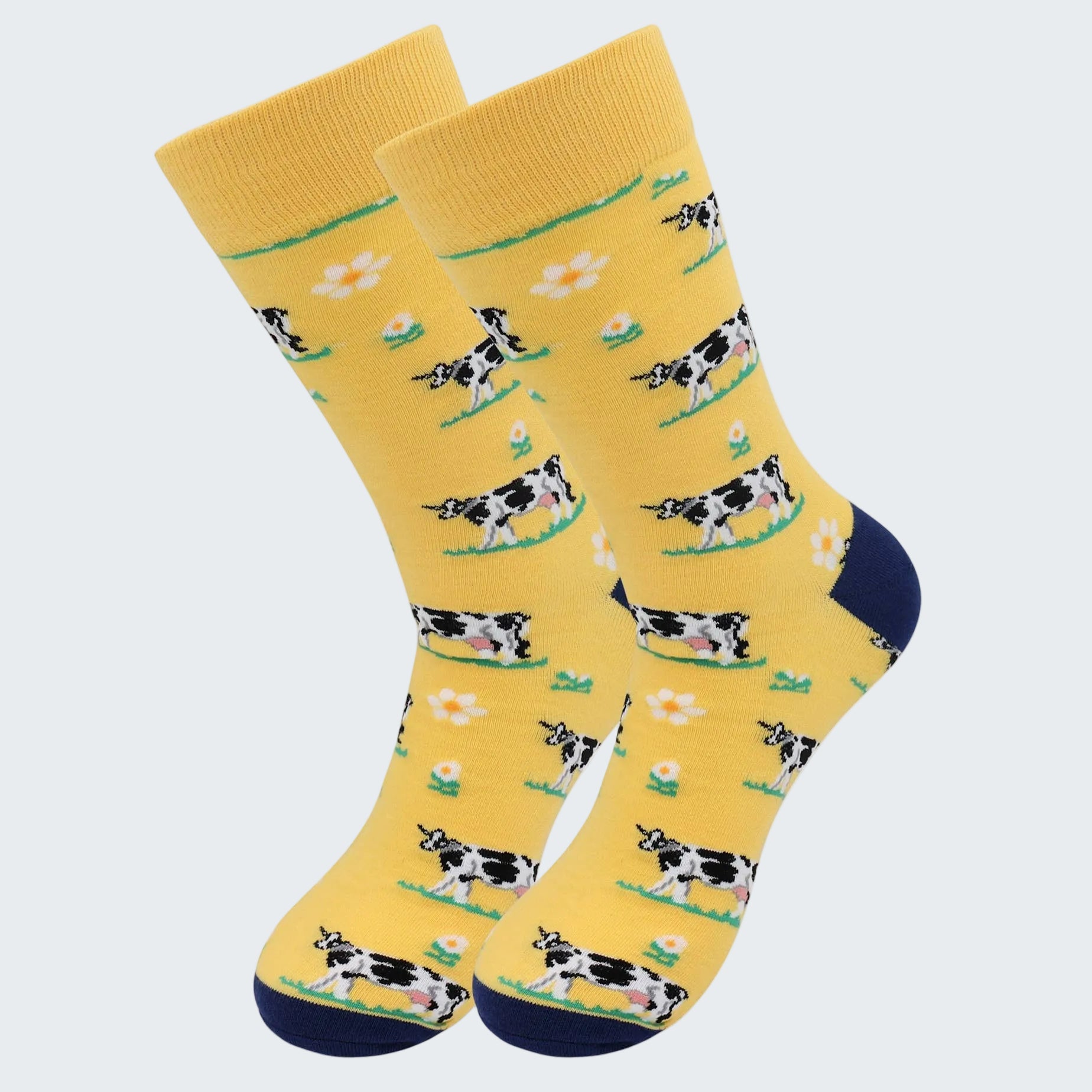 Yellow socks with cow pattern on a white background