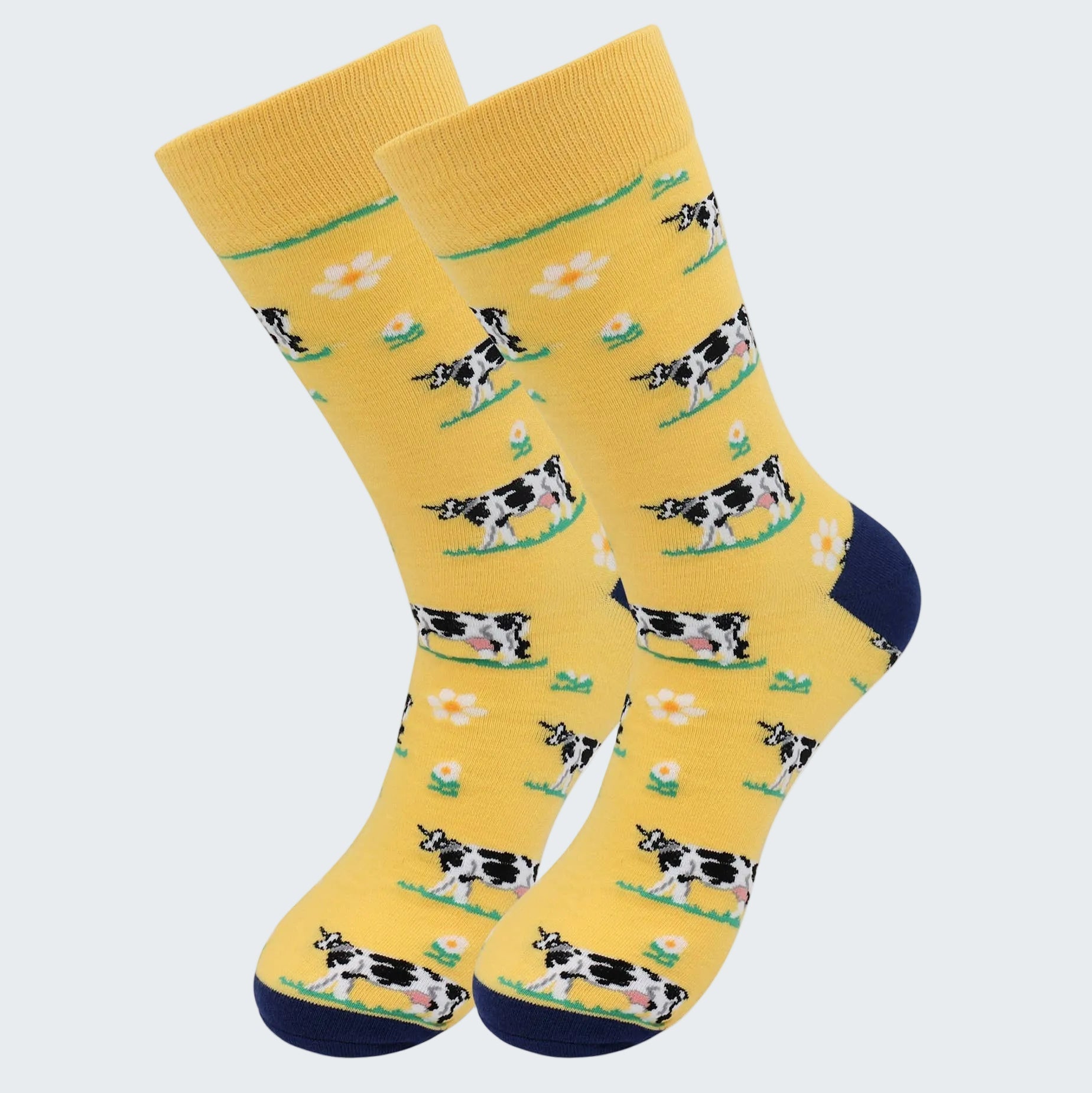 Yellow socks with cow pattern on a white background