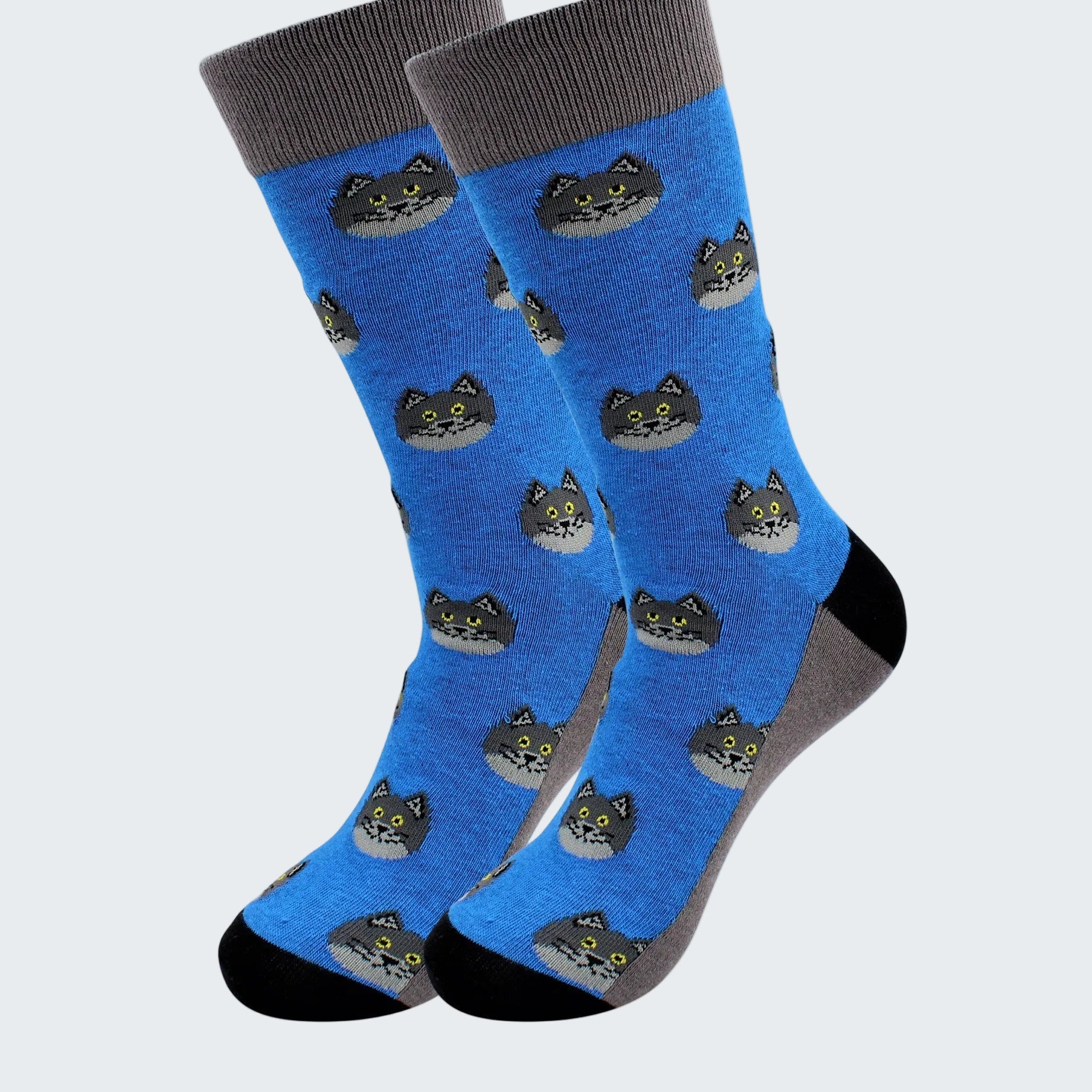 Pair of blue socks with cat pattern on a white background
