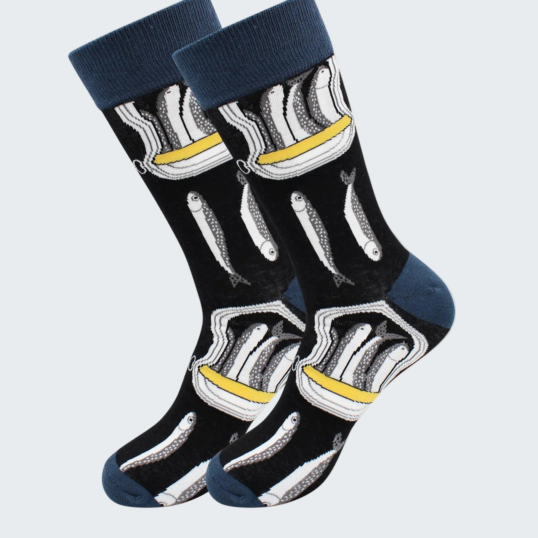 Pair of socks with skeleton design on a white background