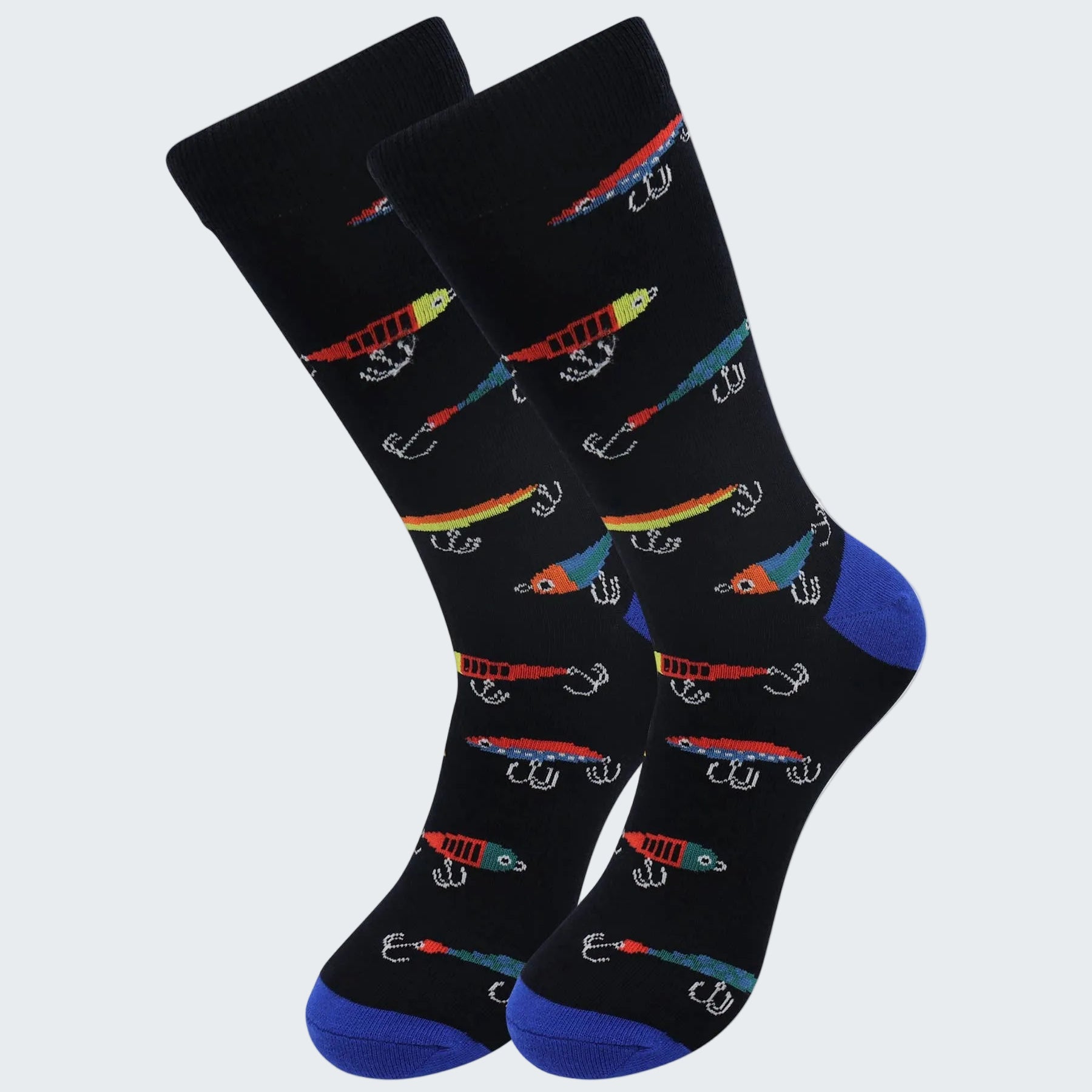 Black socks with colorful fishing lure design on a white background