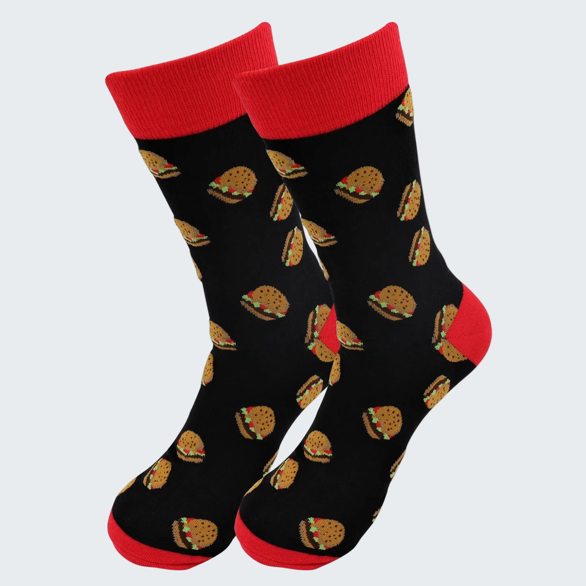 Black socks with burger pattern and red cuffs and toes on a white background