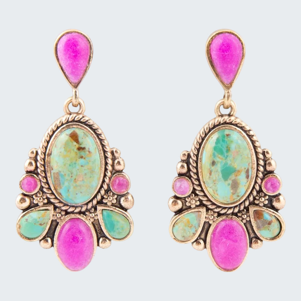 Pair of earrings with pink and turquoise stones on a white background