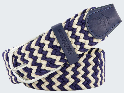 Navy and white chevron patterned belt with a navy buckle on a white background