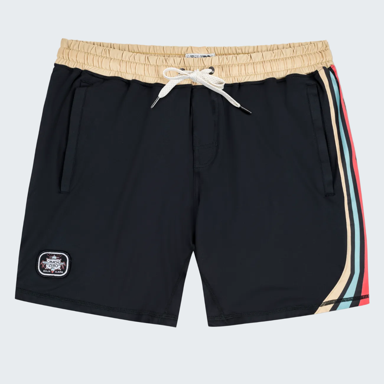 Black shorts with a colorful striped side panel on a white background