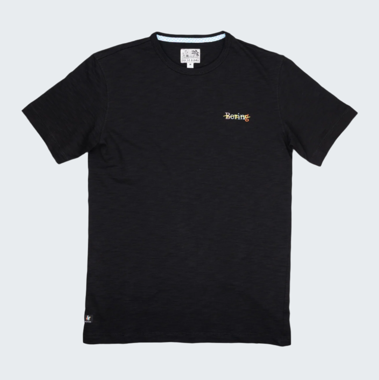 Black t-shirt with a small logo on a white background