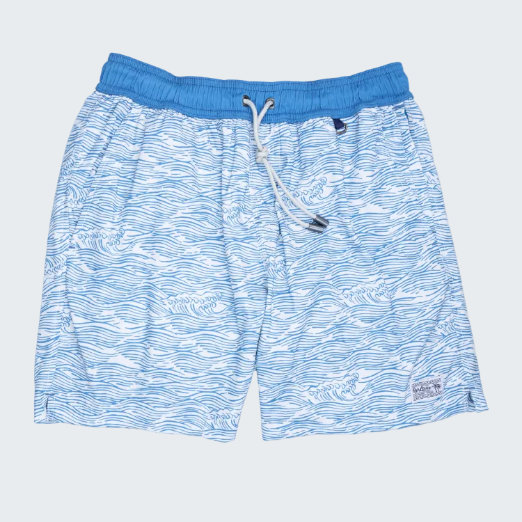 Blue and white patterned shorts with a drawstring on a white background
