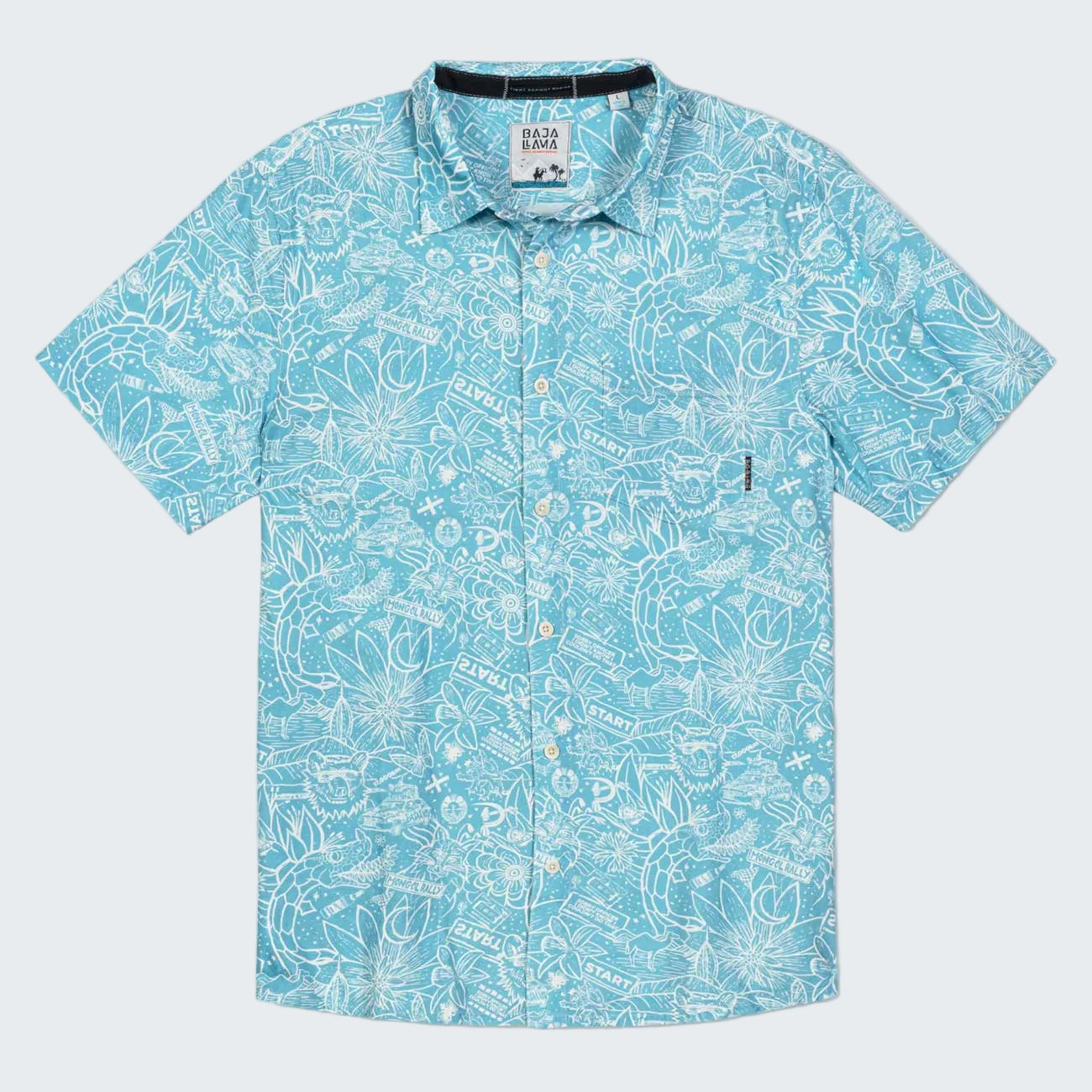 A light blue short-sleeve button-up shirt with a white tropical floral and wave pattern, featuring a collar, button front, and a chest pocket.