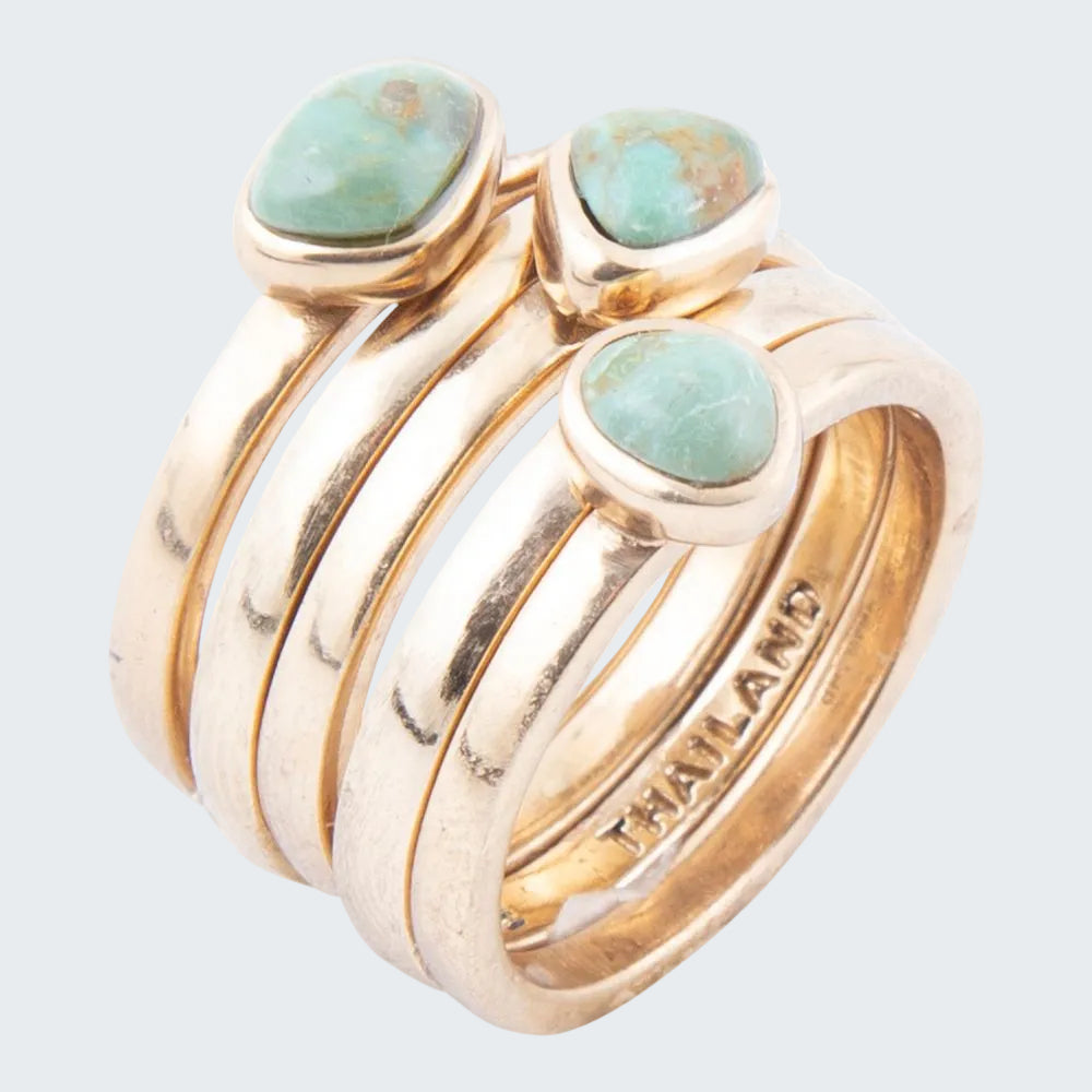 Gold ring with turquoise stones on a white background