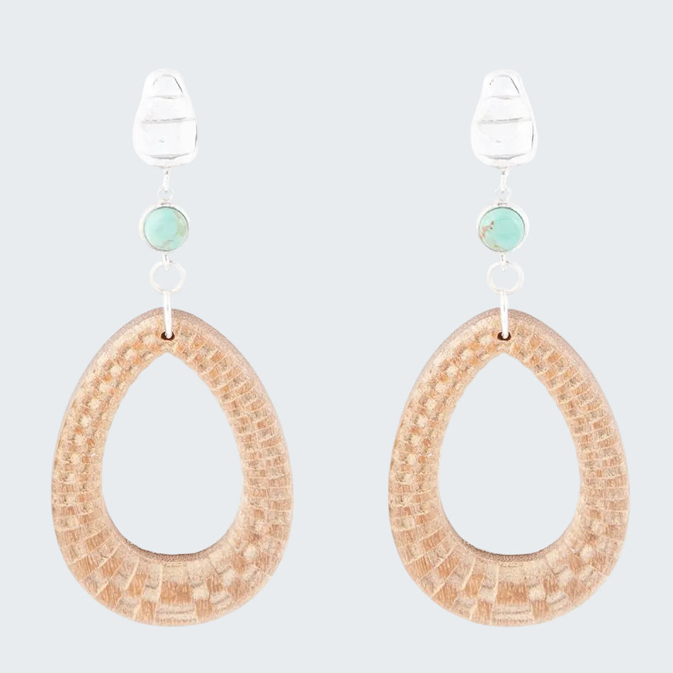 Pair of teardrop-shaped earrings with textured design and turquoise stones on a white background