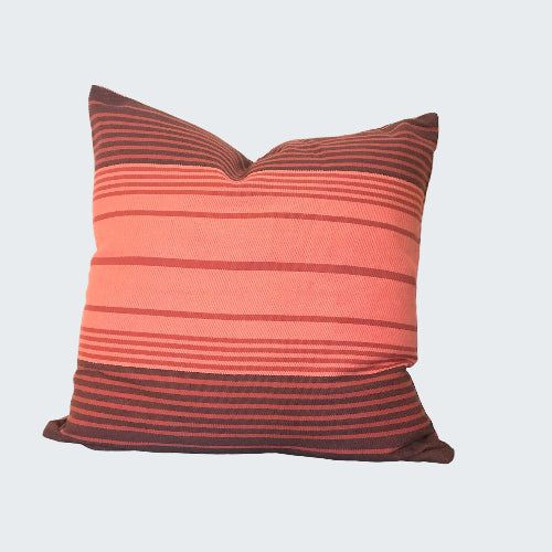 Striped pillow with red and brown pattern on a wooden surface next to a plant