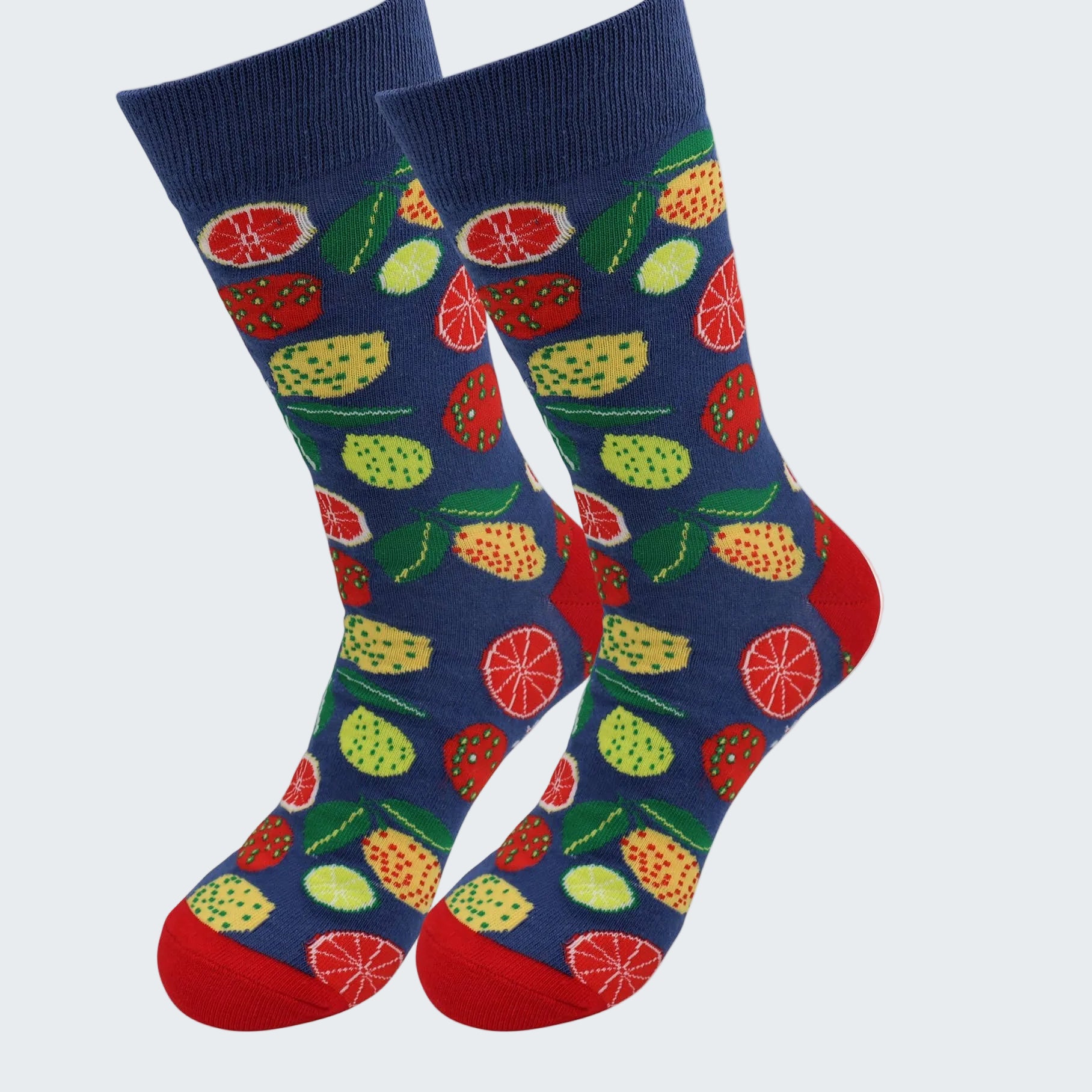 Colorful socks with fruit pattern on a white background