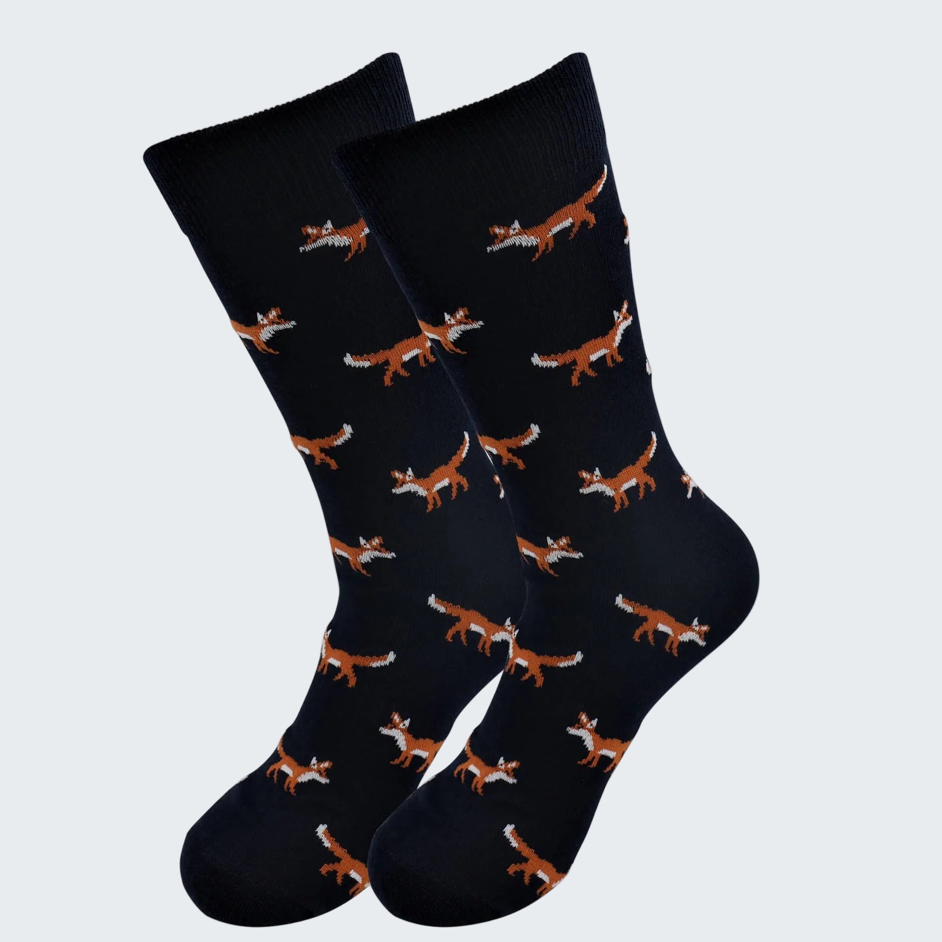Black socks with fox pattern on a white background