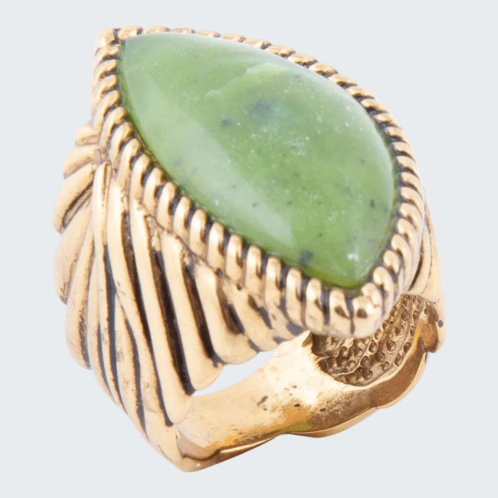 Gold ring with a green stone on a white background