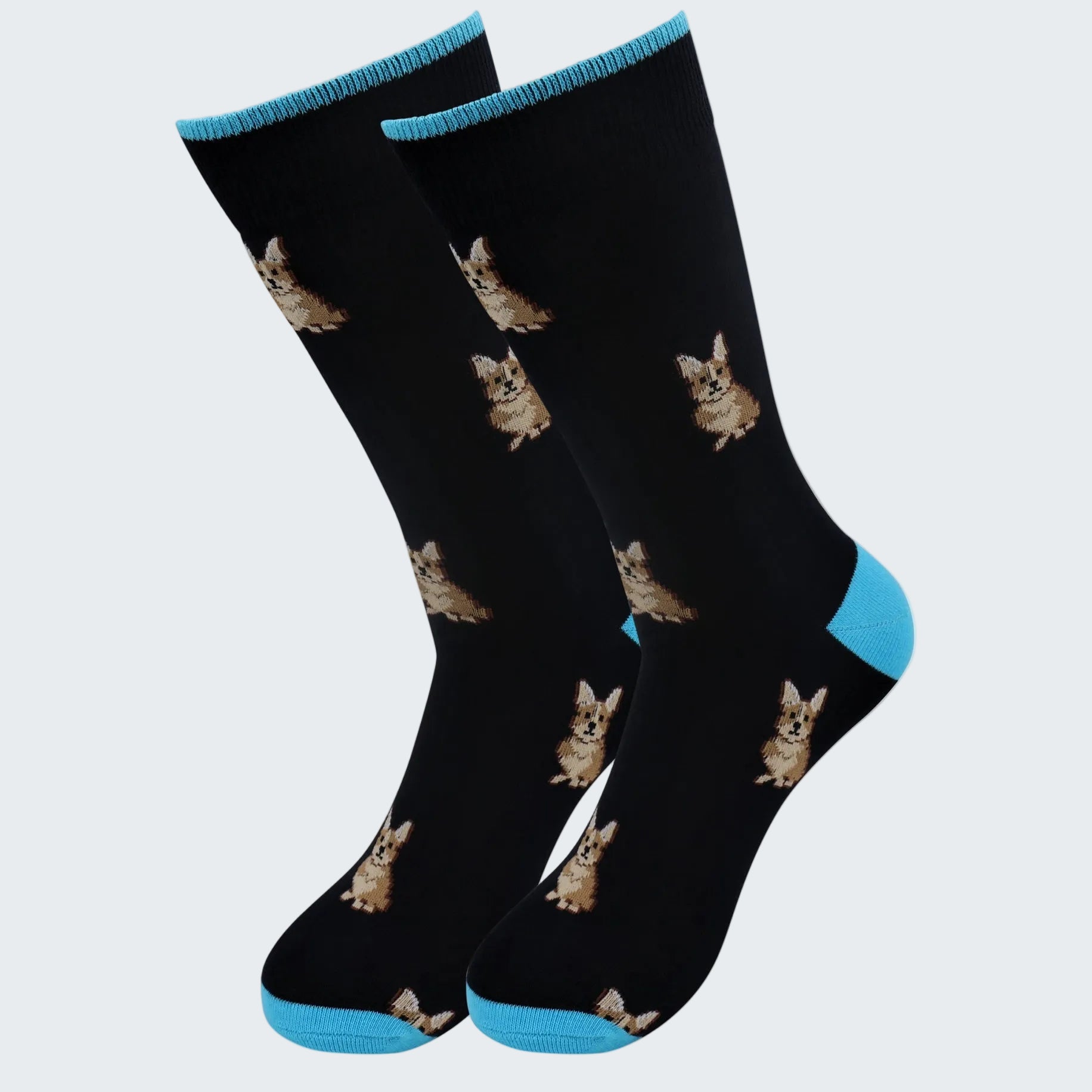 Black socks with dog pattern and blue toes on a white background