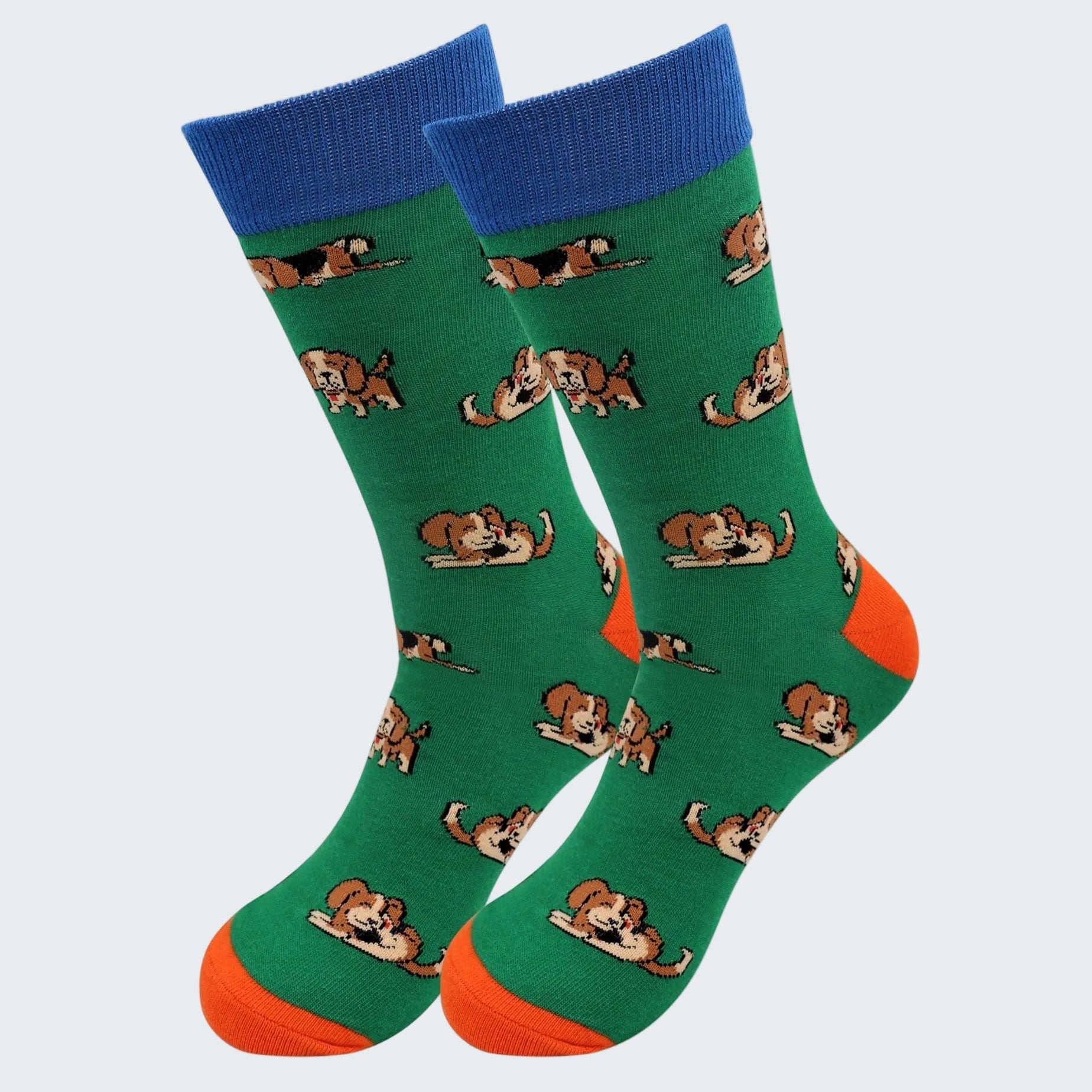 Green socks with dog pattern and blue and orange accents on a white background