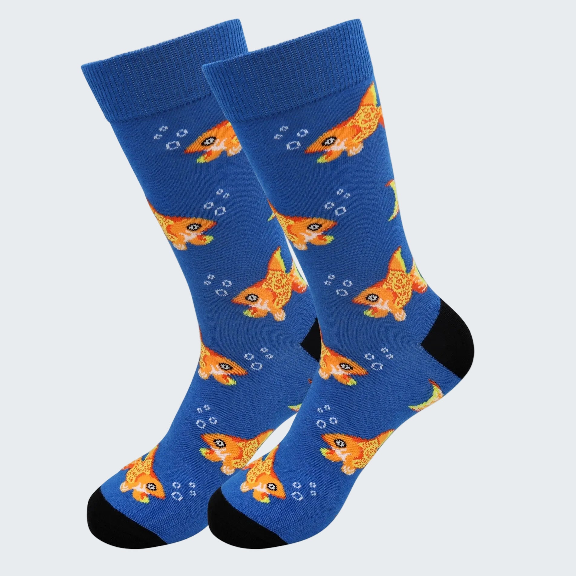 Blue socks with fish pattern on a white background