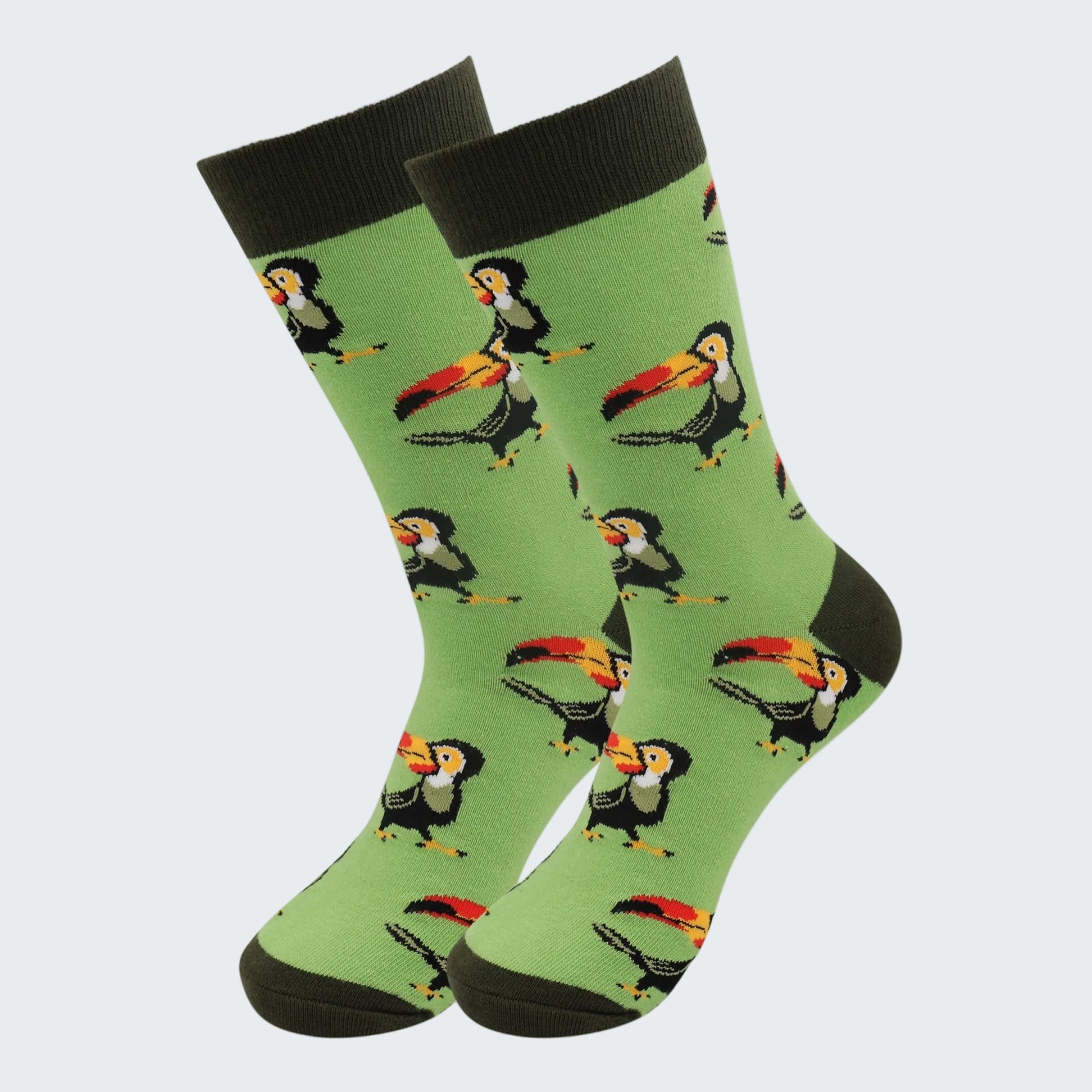 Green socks with toucan pattern on a white background
