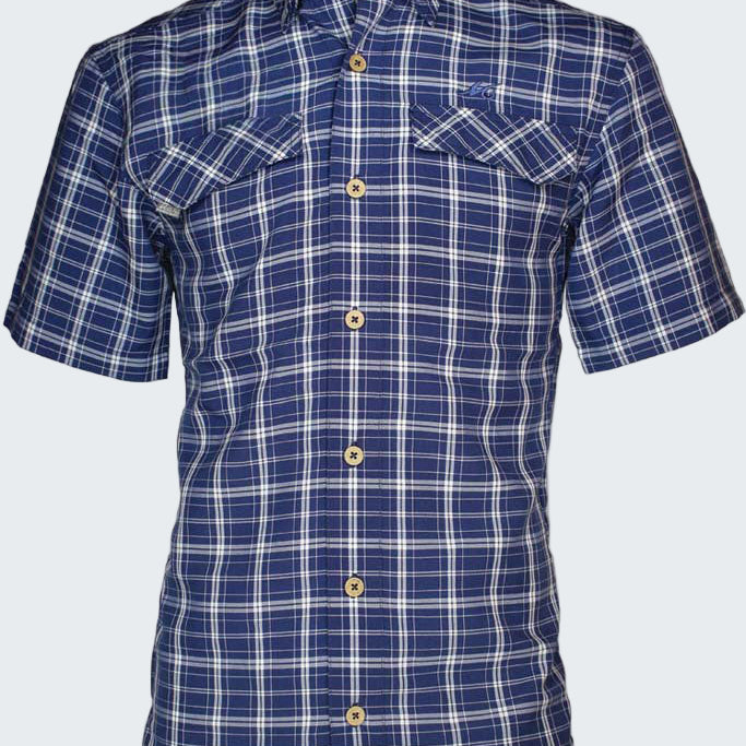 Blue and white plaid short-sleeve shirt on a white background
