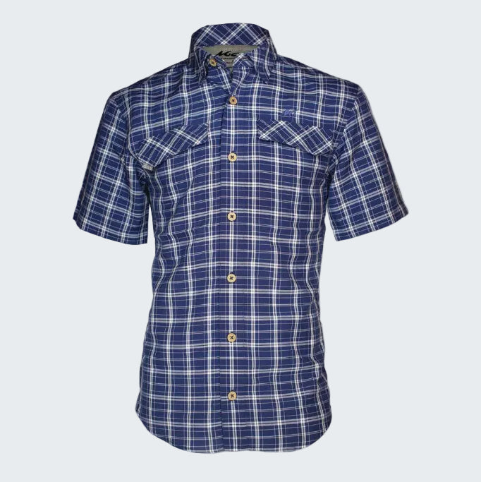 Blue and white plaid short-sleeve shirt on a white background