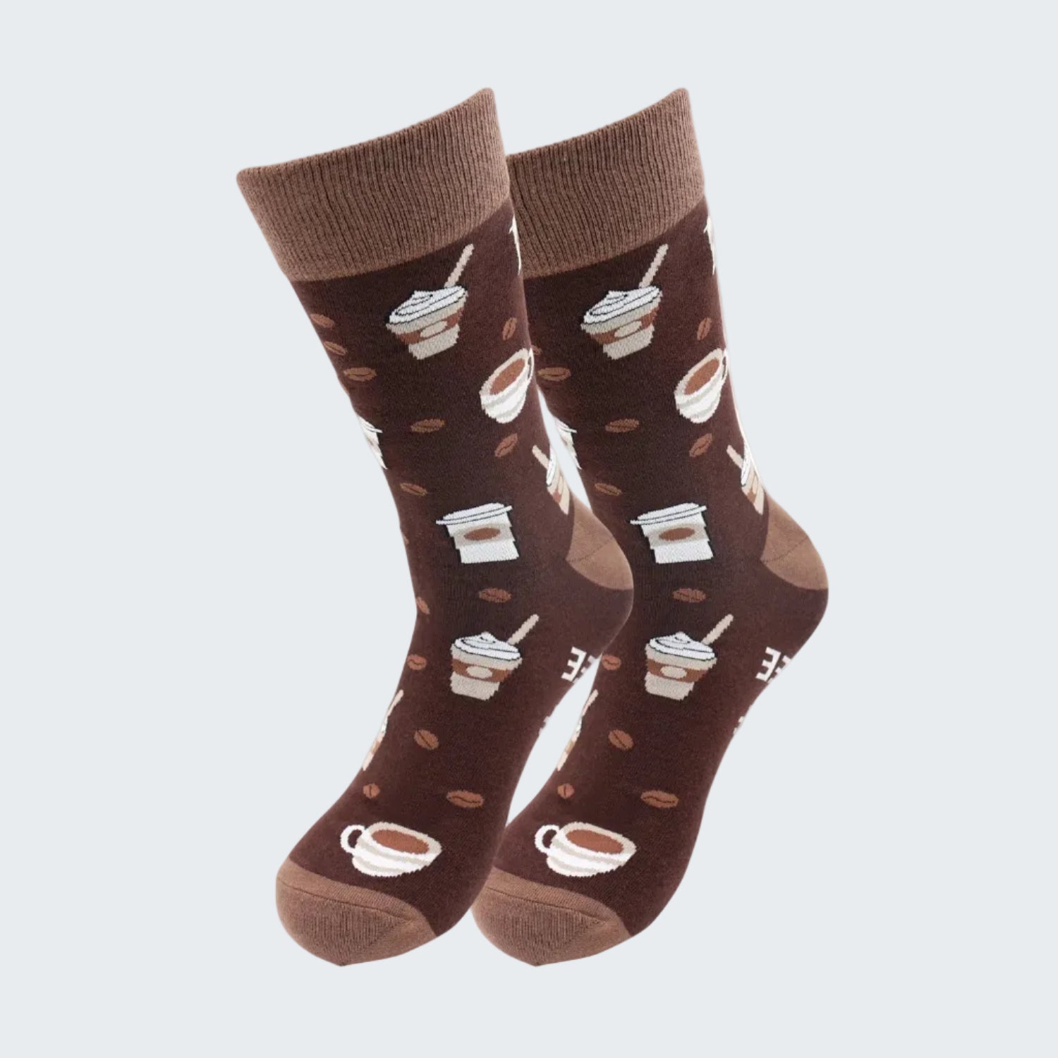 Brown socks with coffee cup and bean pattern on a white background