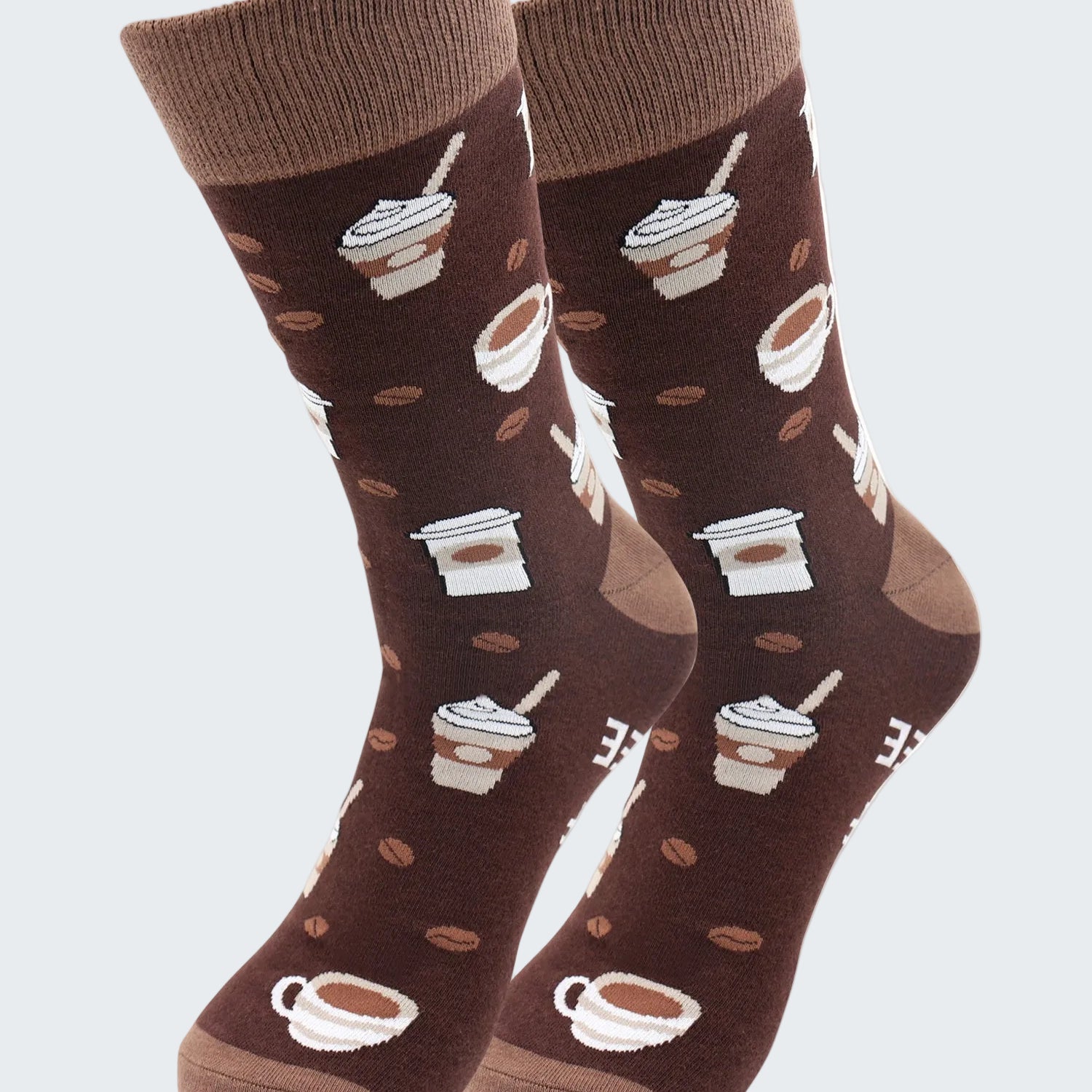 Brown socks with coffee cup and bean pattern on a white background