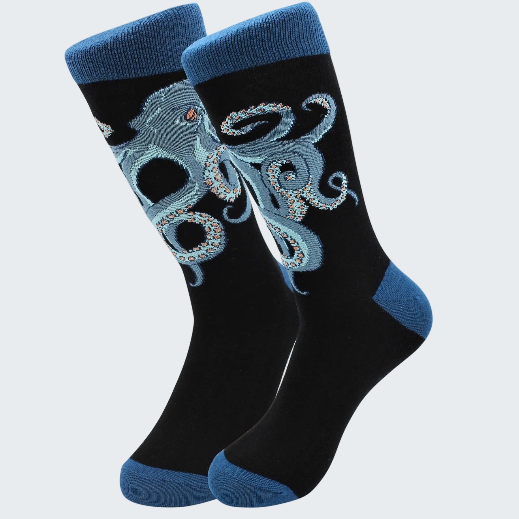 Black socks with blue accents and octopus design on a white background