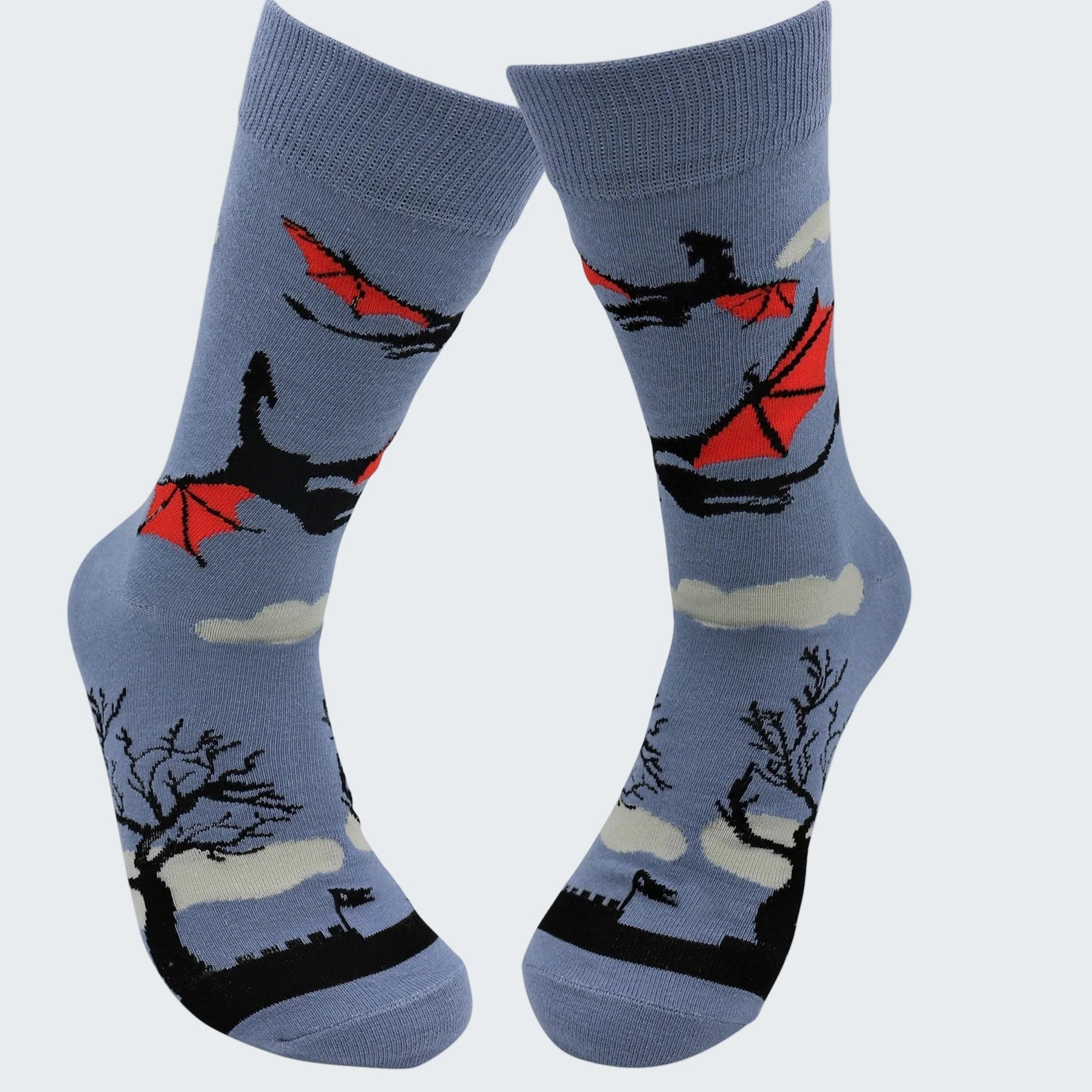 Blue socks with black and red airplane design on a white background