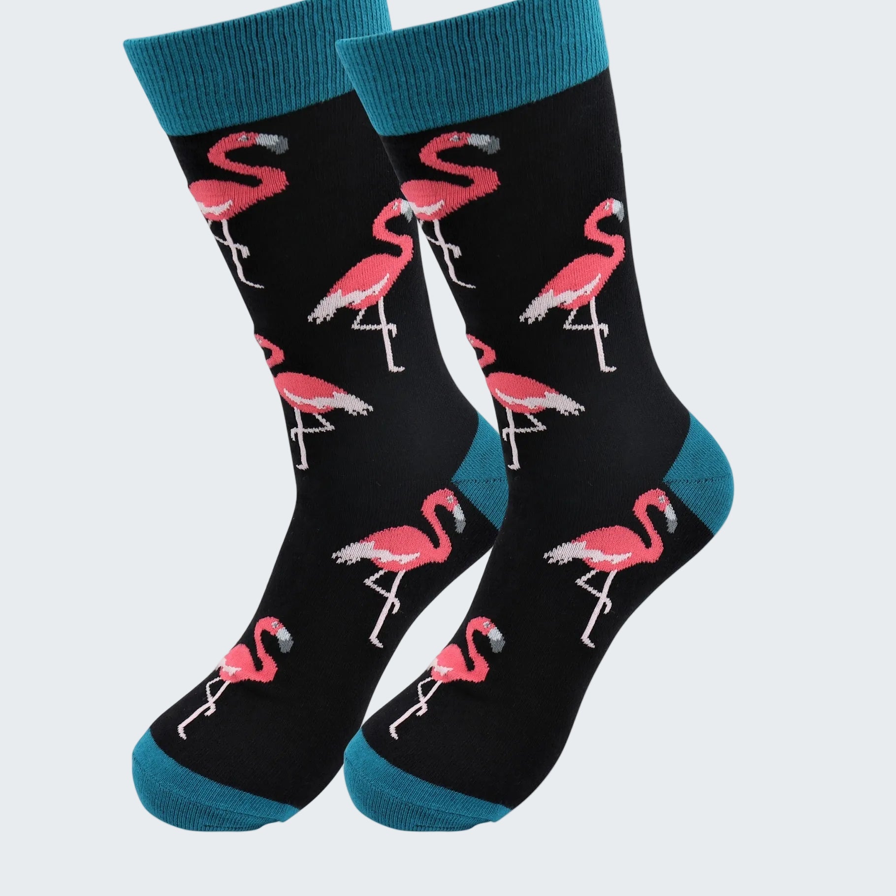 Black socks with pink flamingo design on a white background