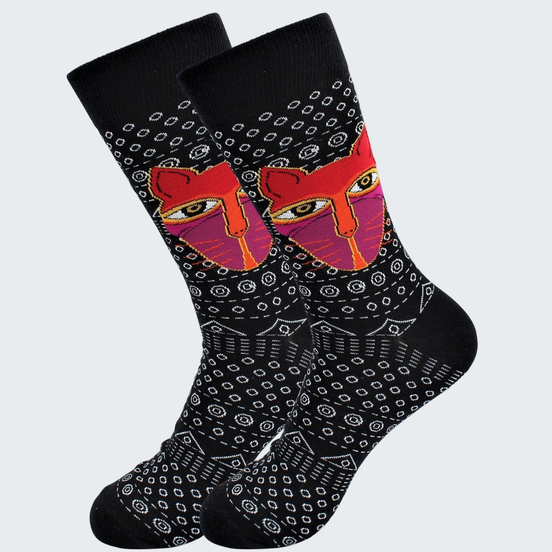 Pair of socks with a unique design on a white background