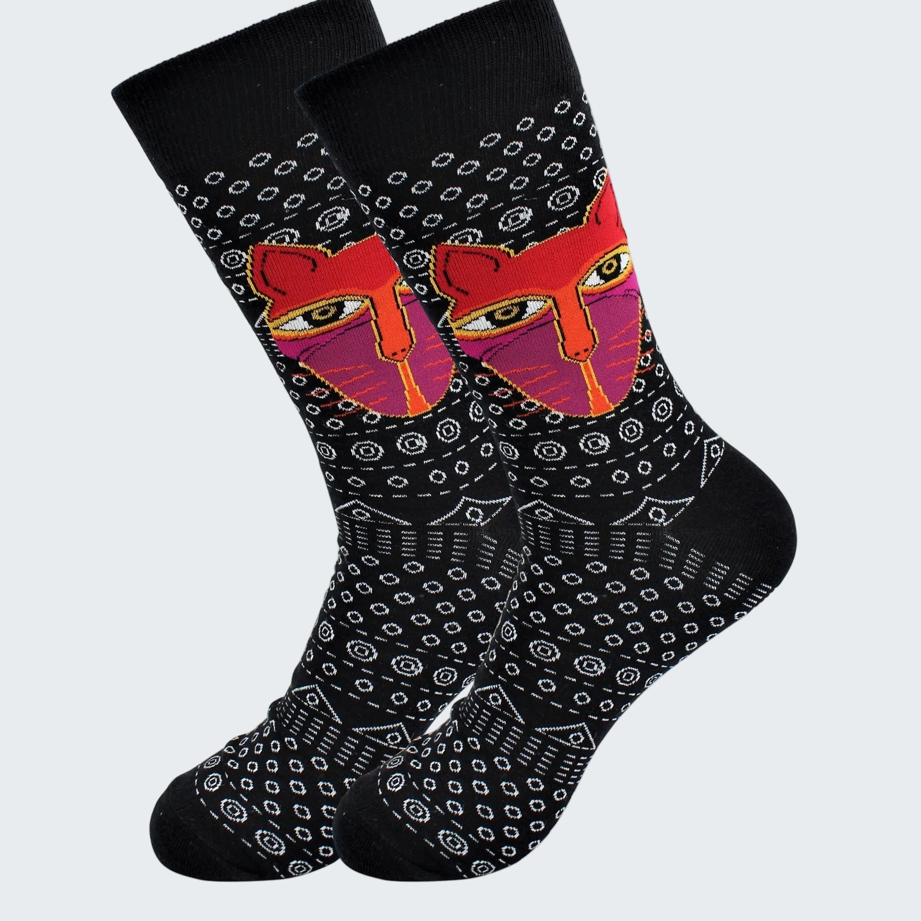 Pair of socks with a unique design on a white background