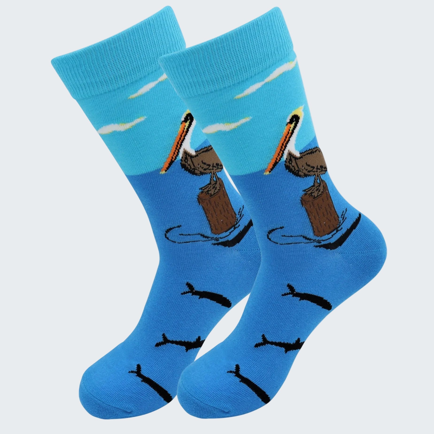 Blue socks with a design of a dog and a bone on a white background