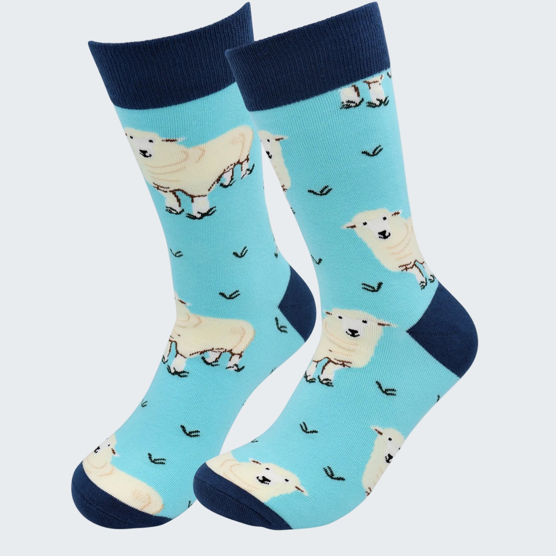 Pair of socks with sheep pattern on a blue background