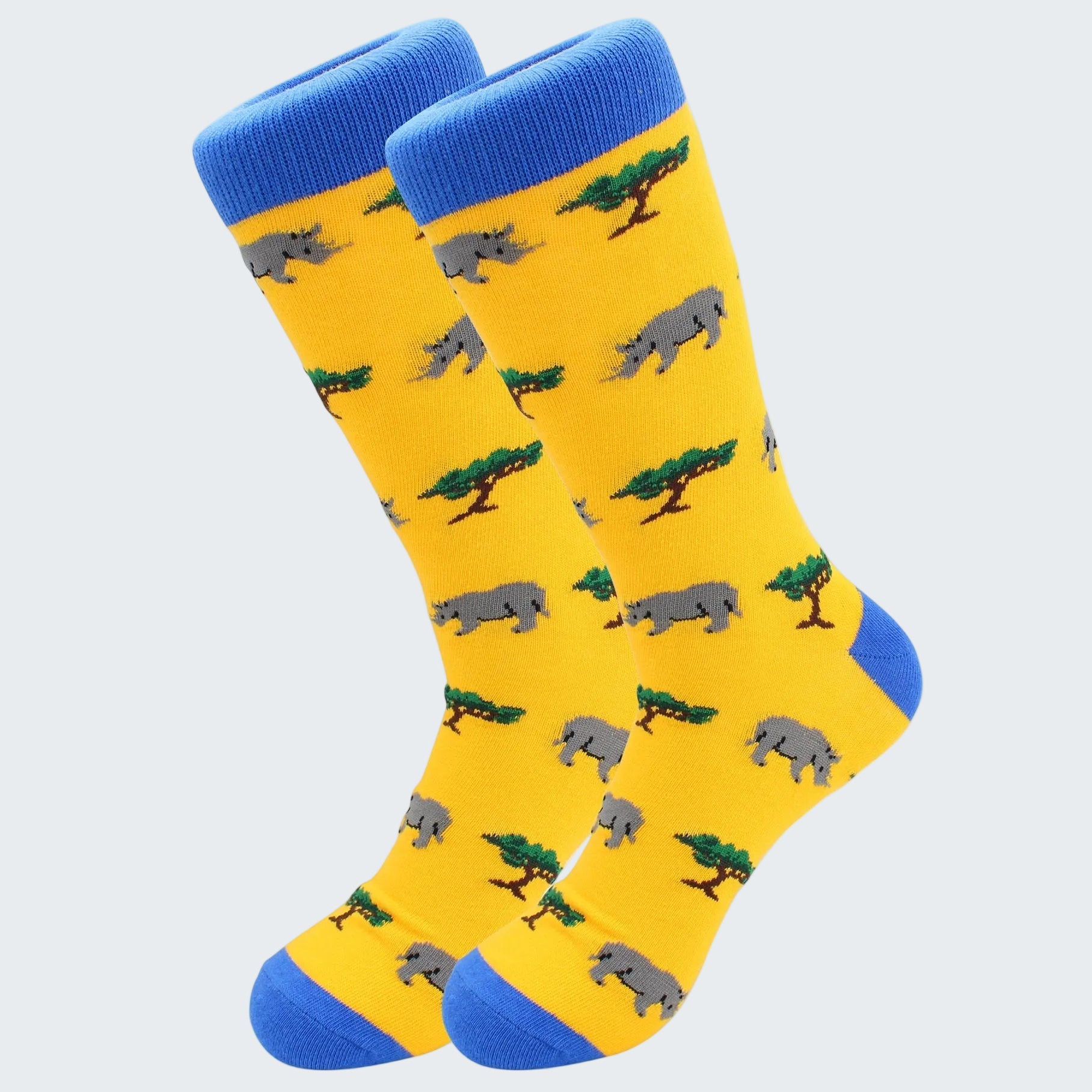 Yellow socks with rhino pattern and blue toes and cuffs on a white background
