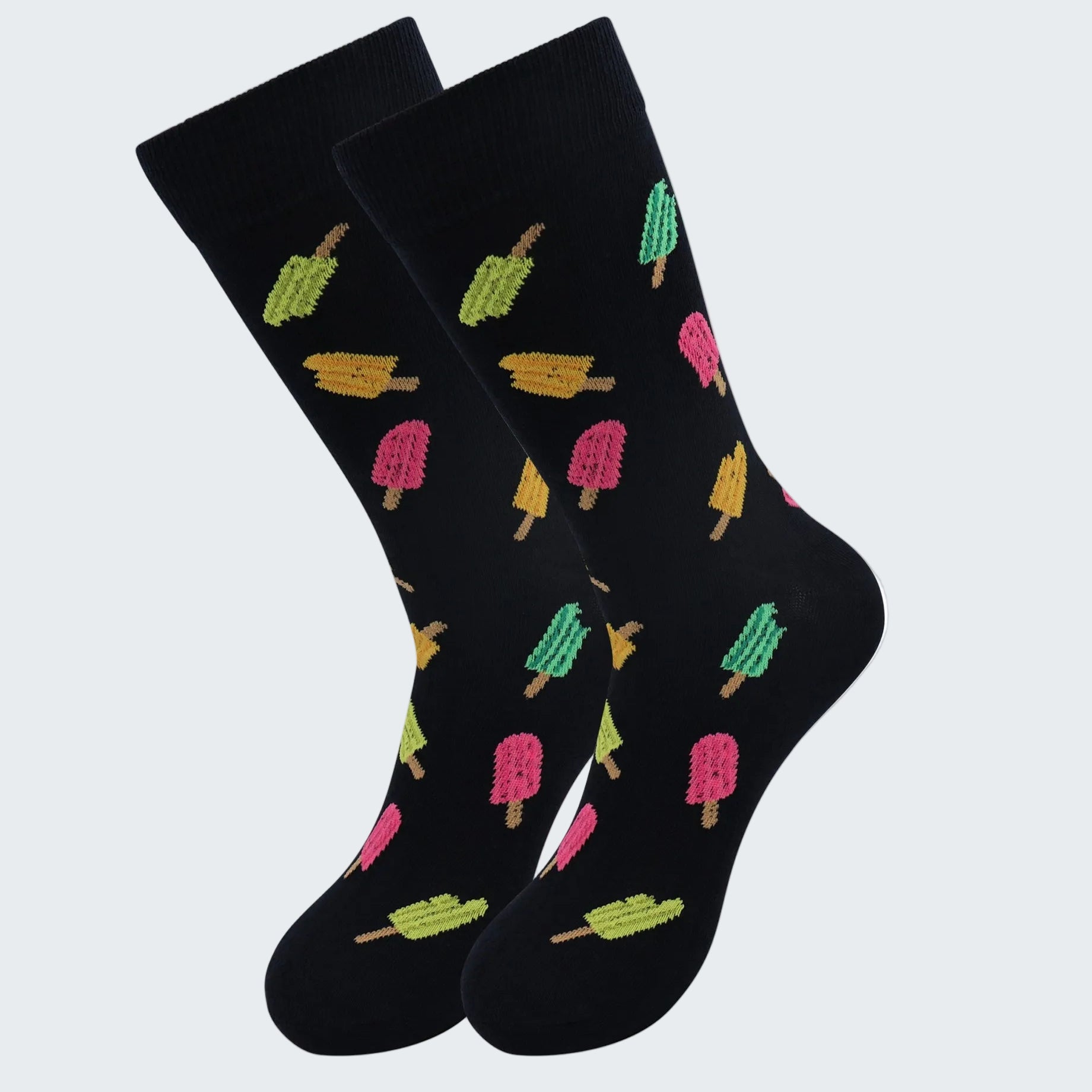 Black socks with colorful popsicle pattern on a white background