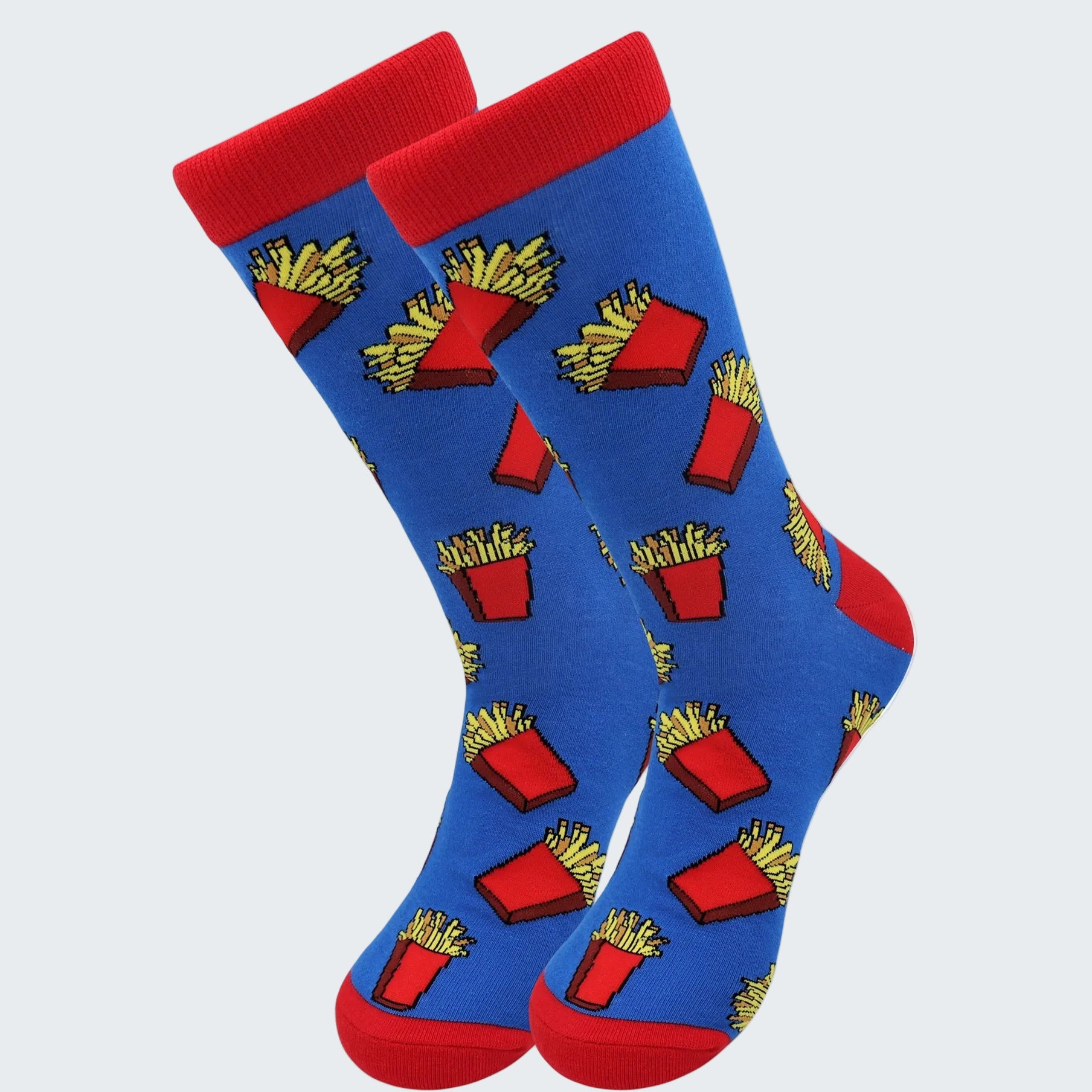 Blue socks with red accents and french fry pattern on a white background