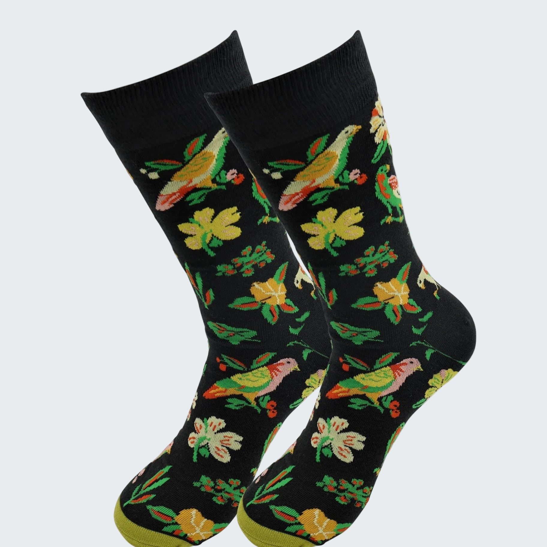 Black socks with colorful parrot and flower pattern on a white background
