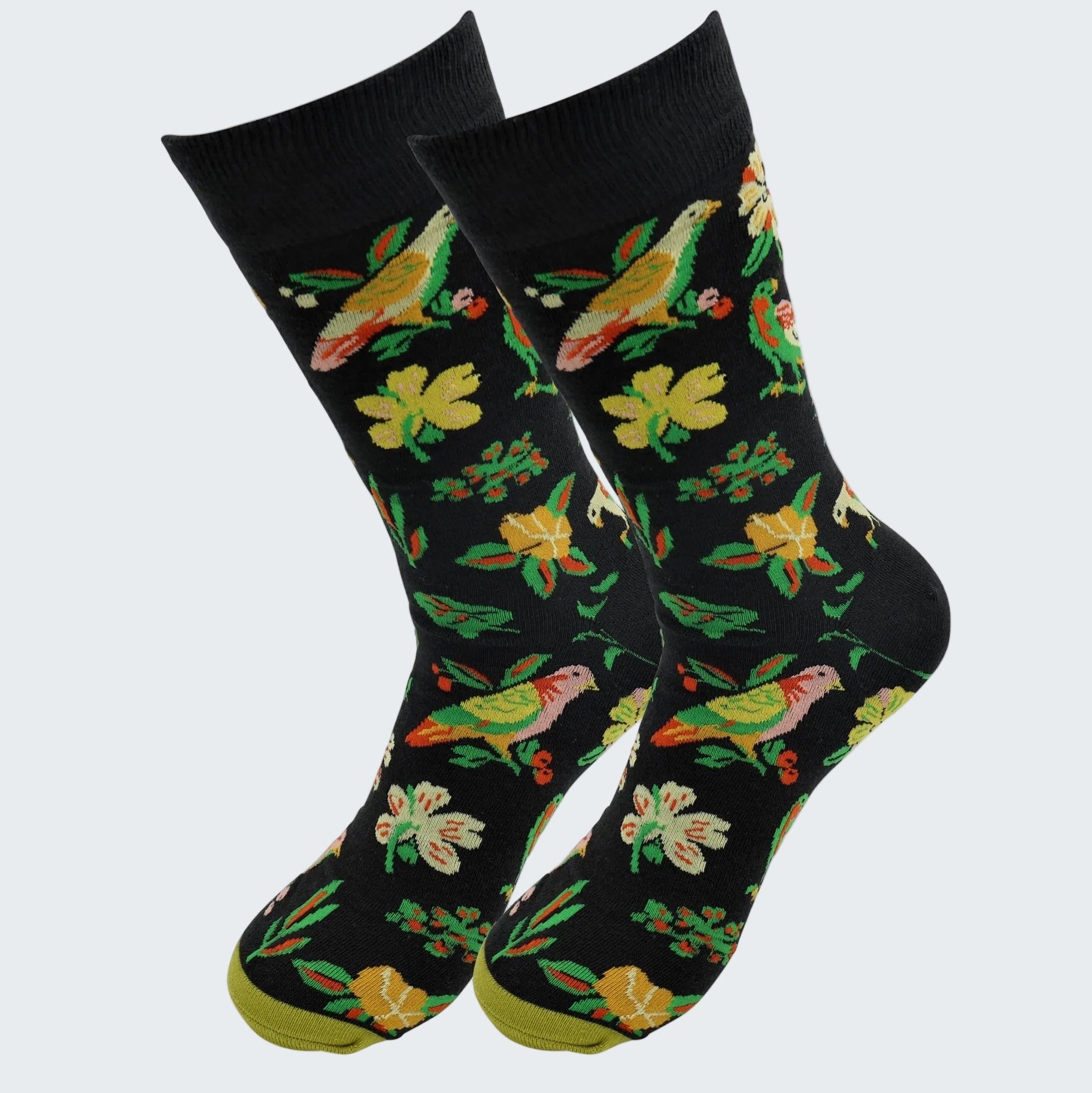 Black socks with colorful parrot and flower pattern on a white background