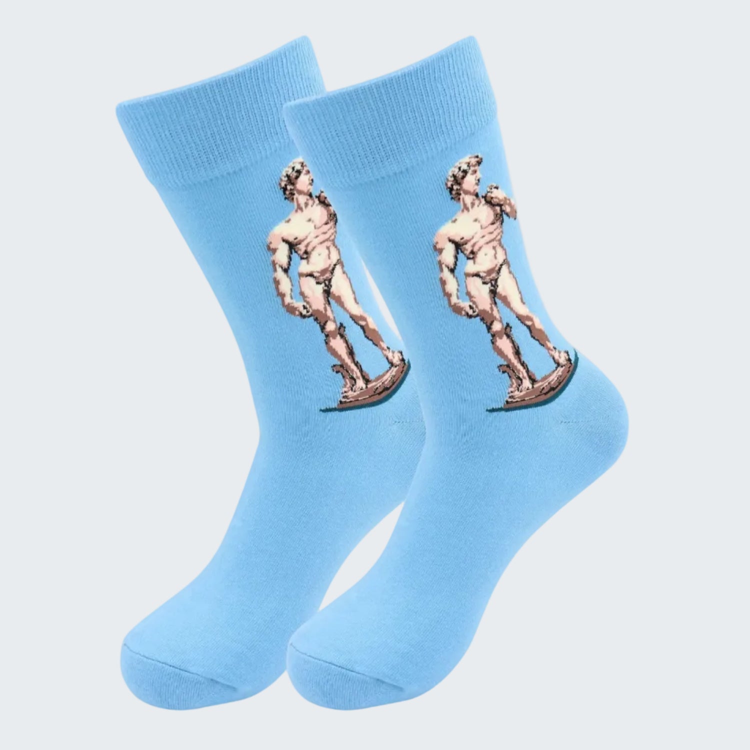 Light blue socks with a statue design on a white background