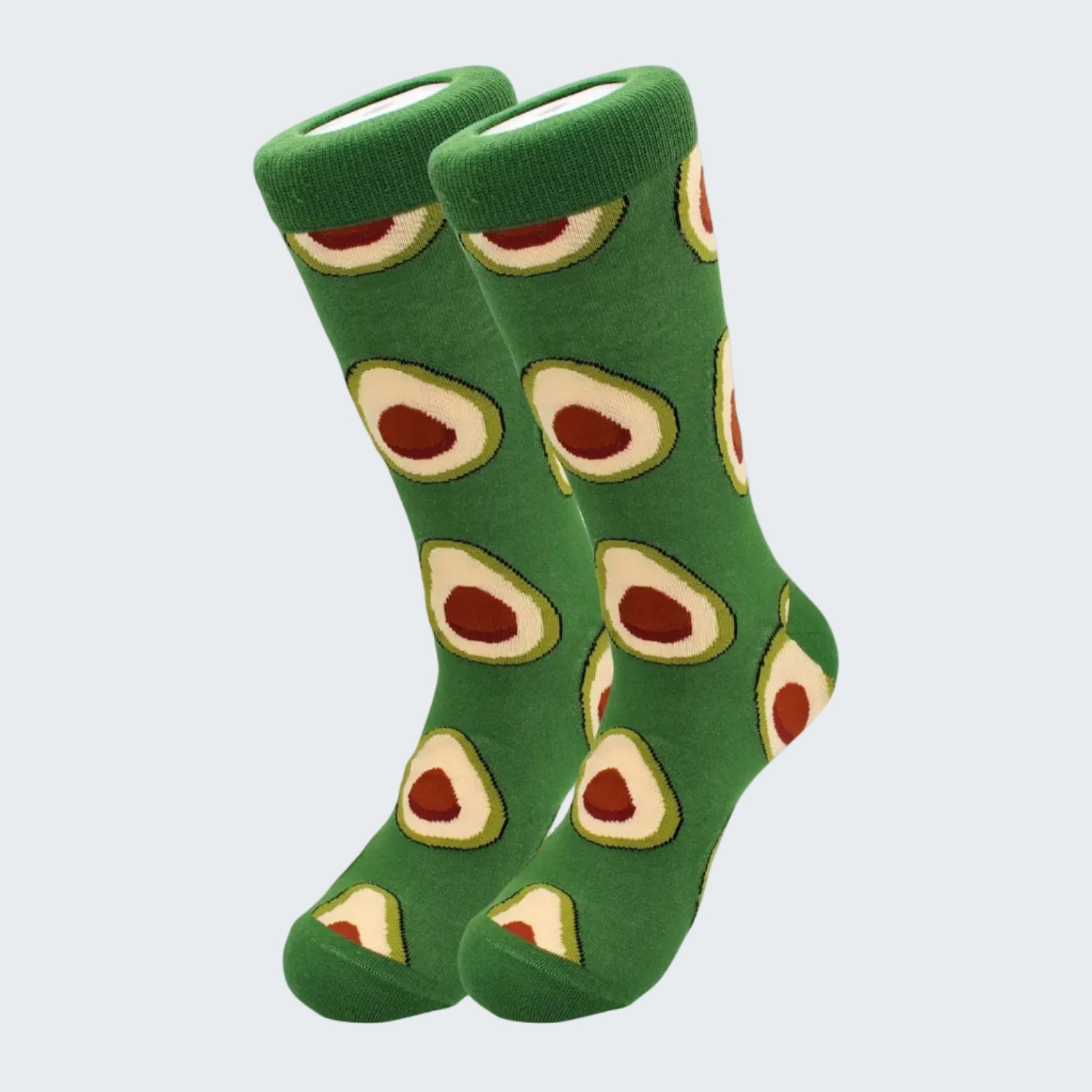 Green socks with avocado pattern on a white background