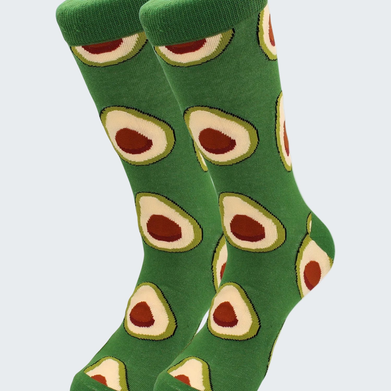Green socks with avocado pattern on a white background