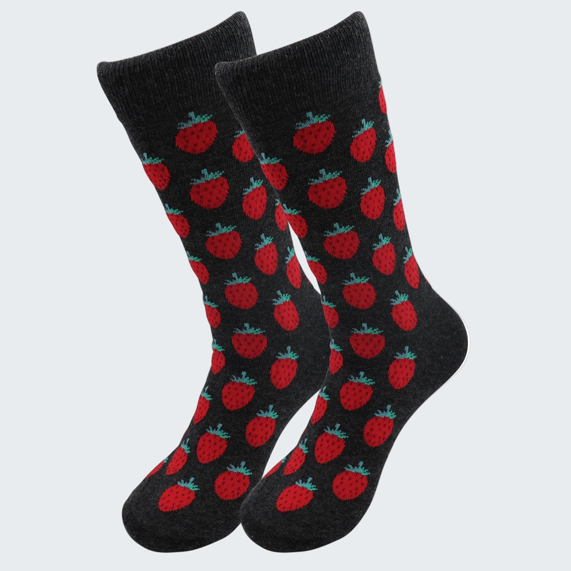 Black socks with red strawberry pattern on a white background